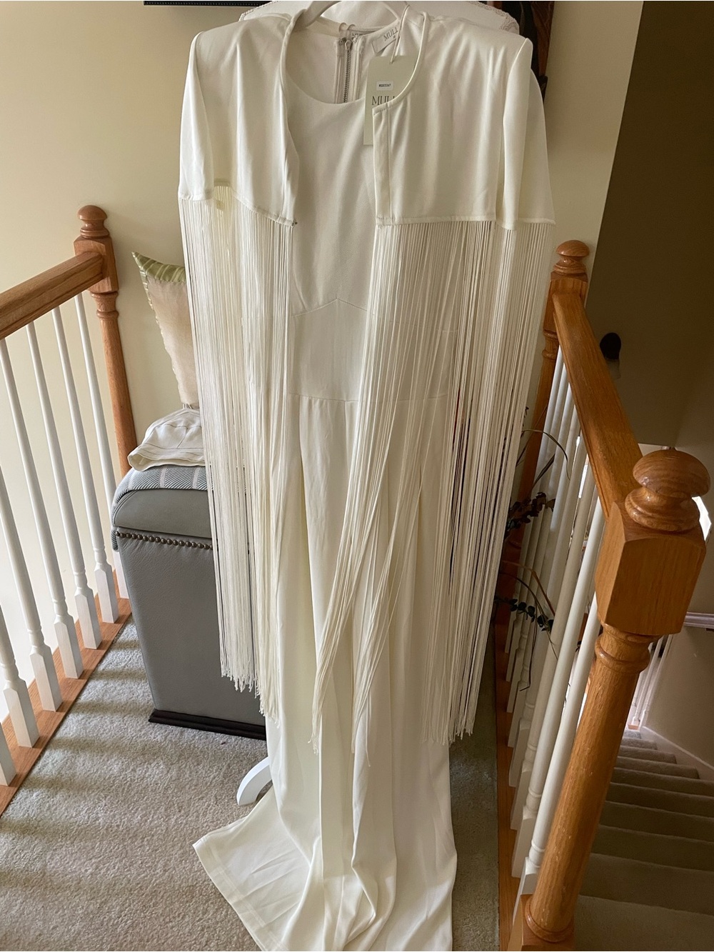Elegant White Fringe detachable Cape and Jumpsuit Set- 2Piece - Picture 5 of 16